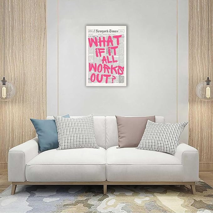 Drimiler Retro Newspaper Pink Font Poster What If It All Works Out Canvas Wall Art Positive Affirming Quote Minimalist Prints Painting For Home Bedroom Dorm Wall Decor 12x16in Wframed