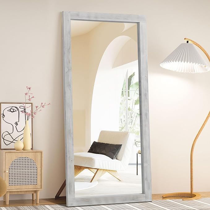 Rustic Farmhouse Full Length Mirror, 71"x32" Wood Frame Large Floor Mirror, Free Standing Leaning Hanging for Bedroom Living Room Cloakroom, Weathered White