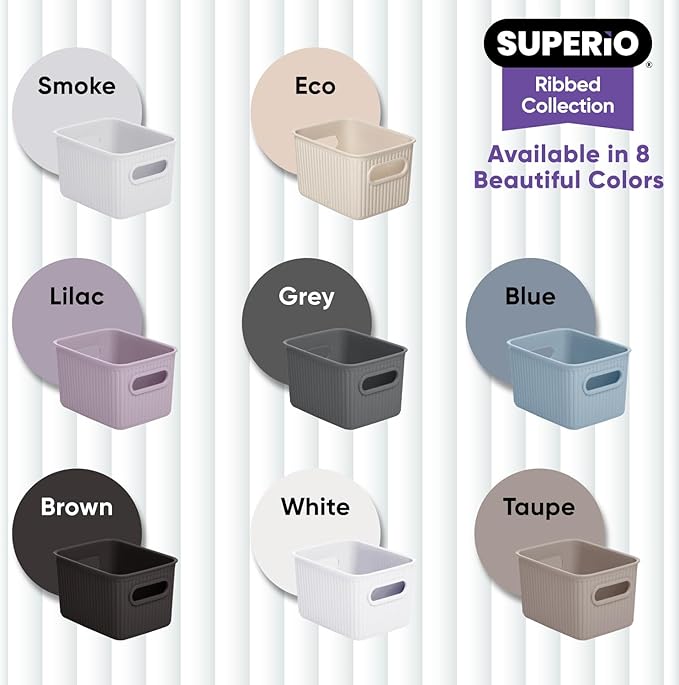 Superio Ribbed Collection - Decorative Plastic Basket Open Home Storage Bins Organizer, Small Taupe (1 Pack) Container Boxes for Organizing Closet Storage Bins for Shelves Drawer Shelf 1.5 Liter