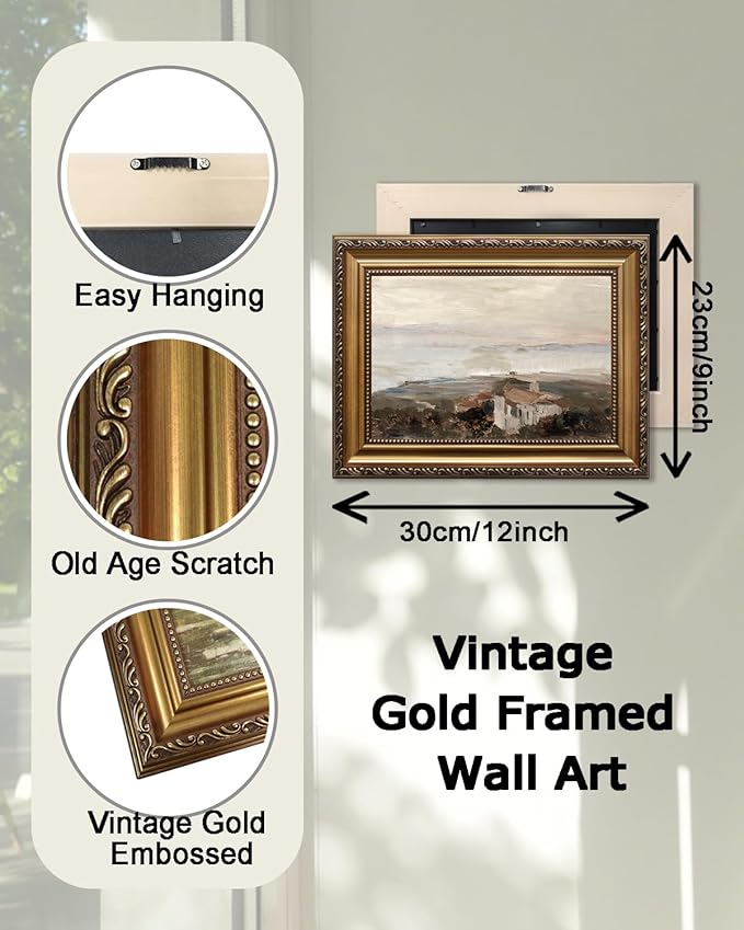KBKBART Vintage Framed Wall Art for Living Room, Retro Muted European Coastal Prints Painting, Neutral Warm Tone Landscape Art Wall Decor, Gold Framed Oil Painting Canvas Artwork for Farmhouse Wall Decor, 9’’x12’’