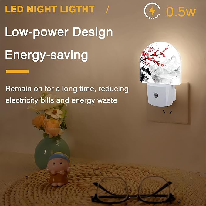 Night Light, Plum Blossom and Snow Mountain Night Lights Plug into Wall Dusk to Dawn Sensor Round Nightlight for Women Men Energy Efficient Led Lamp 0.5W for Stairway Hallway Bedroom