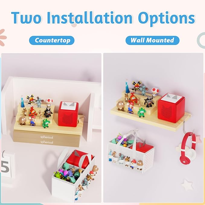 for Tonie Shelf Magnetic - Wooden Tonies Organizer with Carrying Bag, 3 Tiered Magnetic Display Shelf for Toniebox Holder, Wall Mount/Countertop Use Tonies Toy Storage for Kids Room/Playroom (Wood)