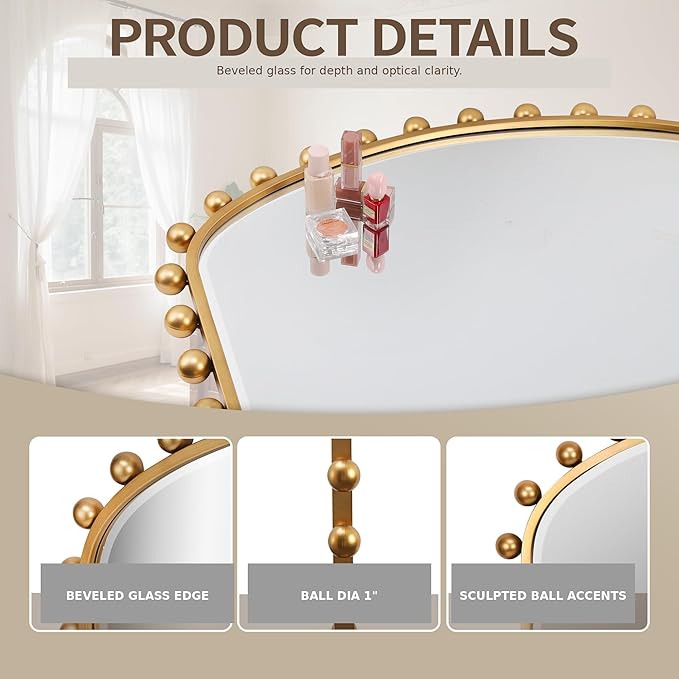 36"x28" Wide Arched Wall Mirror, Antique Gold Ball Frame with Beveled Glass, Large Horizontal Mantel Piece Over Fireplace or Above Sofa, Statement Metal Frame for Living Room
