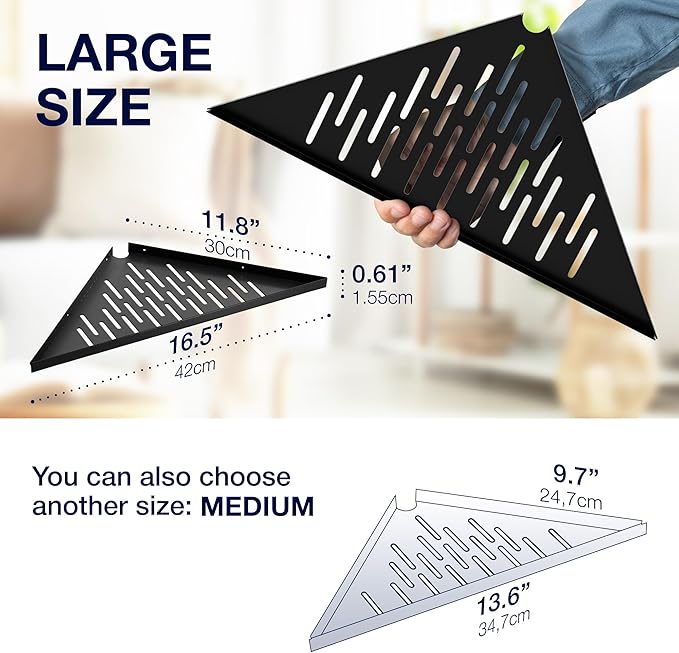 Bathroom Corner Shelves for Shower - Adhesive / Stick / Drill / No Drill - 16" Strong Black Floating Corner Shelf for Tiled Wall, Bathroom, Inside Shower Caddy, Shelf Wall Mount Triangular, Organizer