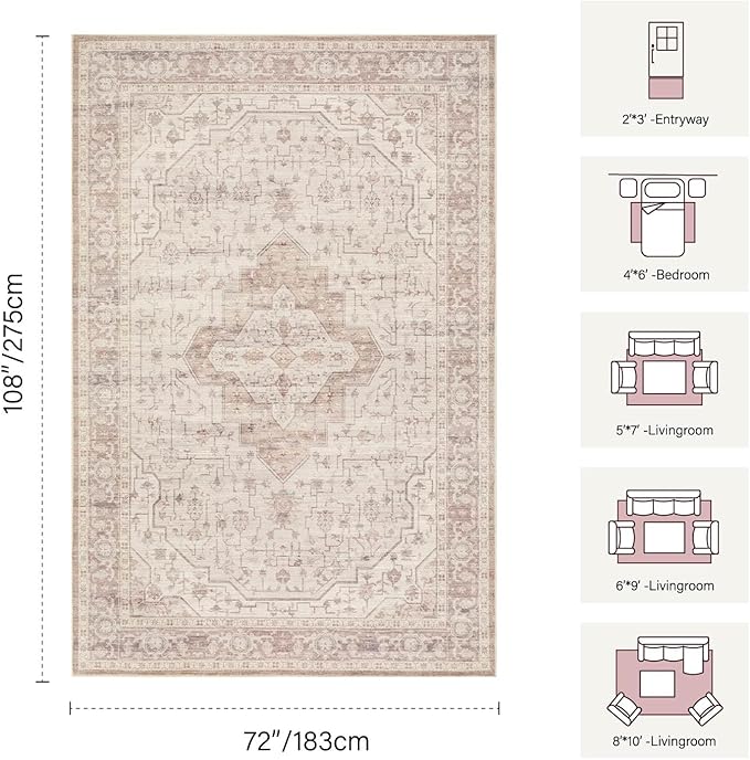 Rugxara Pink 6x9 Washable Area Rug for Living Room & Bedroom, Rugs for Girls Women, Non Slip, Durable Low Pile Carpet, Vintage Carpets for Office, Dining Room, Kids Room and Farmhouse