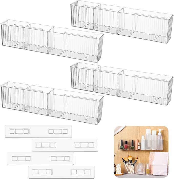 Briwooody 4 Pack Bathroom Wall Makeup Organizer Plastic Wall Mount Storage Organizer Clear No Drilling Hang Walls Adhesive Shower Shelf Cabinet Shelves with 3 Compartments for Bathroom Kitchen