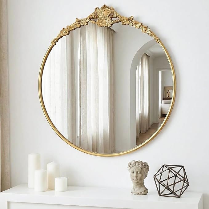 Vintage Baroque Round Wall Mirror 24" Circle Gold Mirror for Bathroom Antique Ornate Carved Frame Accent Mirror for Living Room Bedroom Entryway Vanity