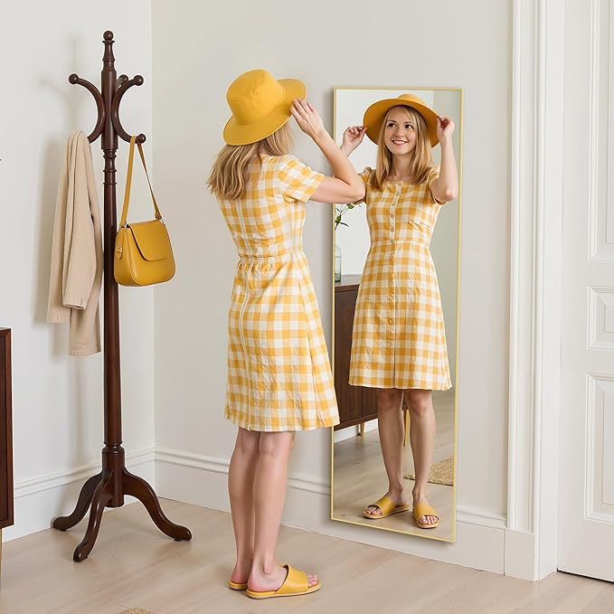 Aluminum Frame Mirror, 59"x16" Full Length Mirror with Stand, Free Standing Leaning Mirror Hanging Mounted Mirror for Bathroom Living Room, Gold