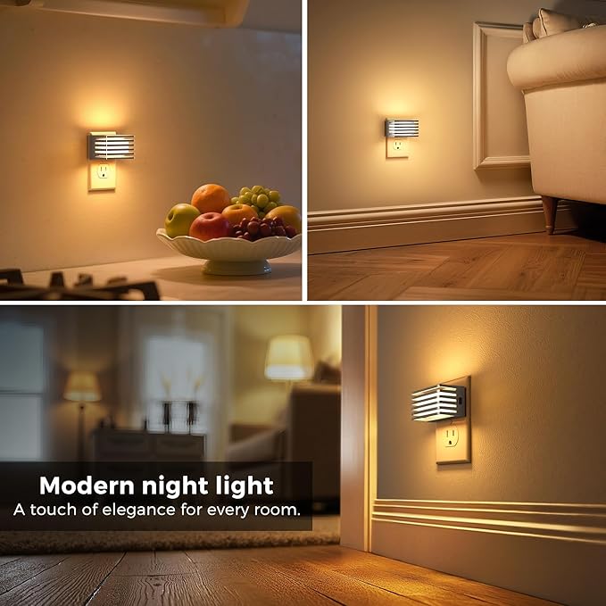 L LOHAS LED Night Lights Plug into Wall, 2 Pack Modern Night Light with Dusk to Dawn Sensor, Dimmable Plug in Night Light, Adjustable Brightness, 3000K Soft White for Bedroom Bathroom Hallway(Silver)