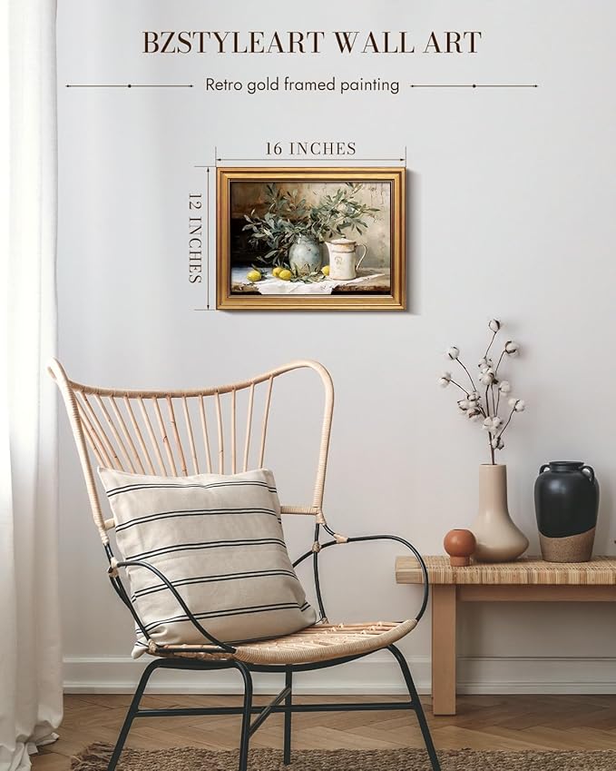 Bzstyleart Vintage Wall Art Decor for Living Room, Gold Framed Canvas Wall Art Home Decor Aesthetic, Lemon Pottery Jar Artwork Prints, Canvas Picture Print Artwork, 12 x 16 Inch