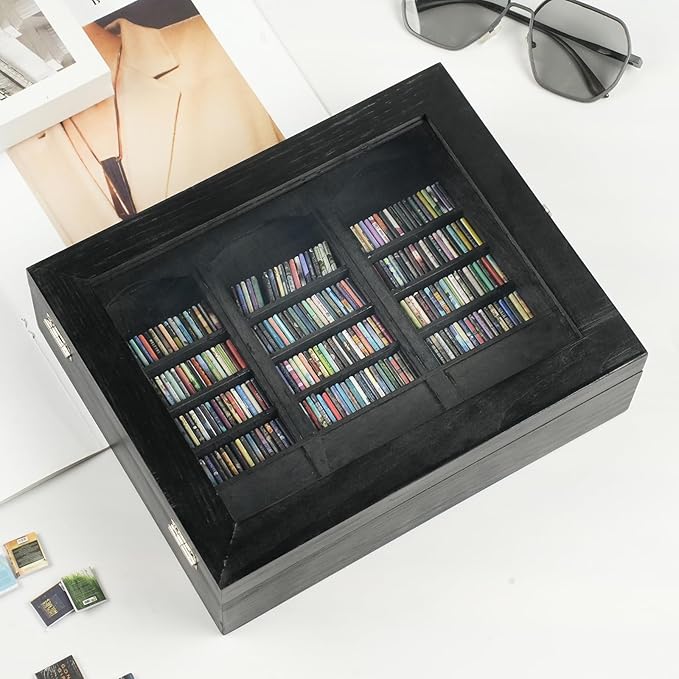 Anxiety Bookshelf - Shake Off Your Anxiety,Miniature Display Shelf,Contains 240 Miniature Book Models,Antique Style Gift Decoration Mini Bookshelf (Black)