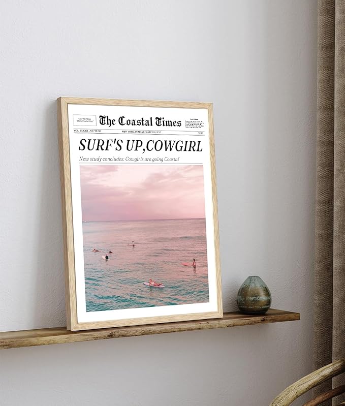 Bwodke OAK Wood Framed Wall Art Surf’s Up Coastal Cowgirl Canvas Art Vintage Newspaper Pictures Western Wall Decor Hot Girls Prints Trendy Artwork for Girly Dorm Bedroom 12"x16"