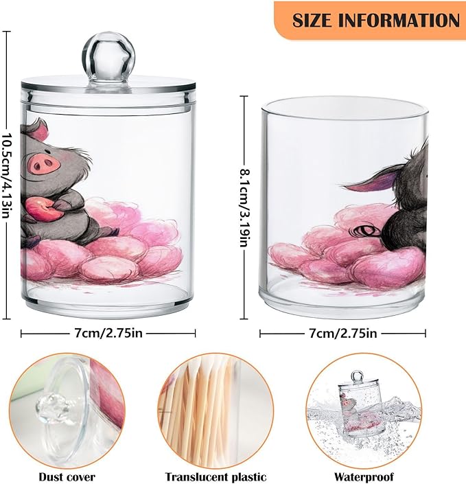 2 Pack Apothecary Jars,Charming Pig Art Bathroom Vanity Storage Organizer Set,Small Clear Plastic Storage Jars Bathroom Canister for Cotton Swabs,Rounds,Balls,Qtips,Makeup Sponges