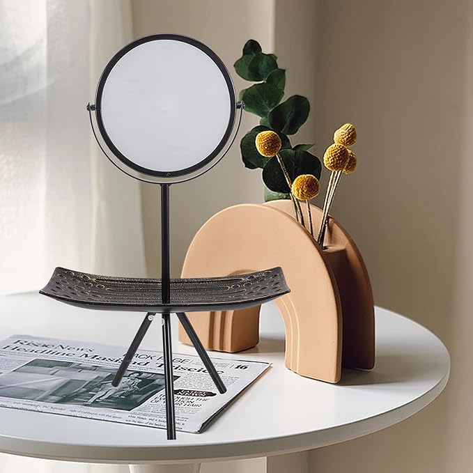 Vanity Mirror with Jewelry Tray, Tabletop Makeup Mirror for Bedroom, European Style Black Rectangular Rotating Cosmetic Organizer Tray for Women
