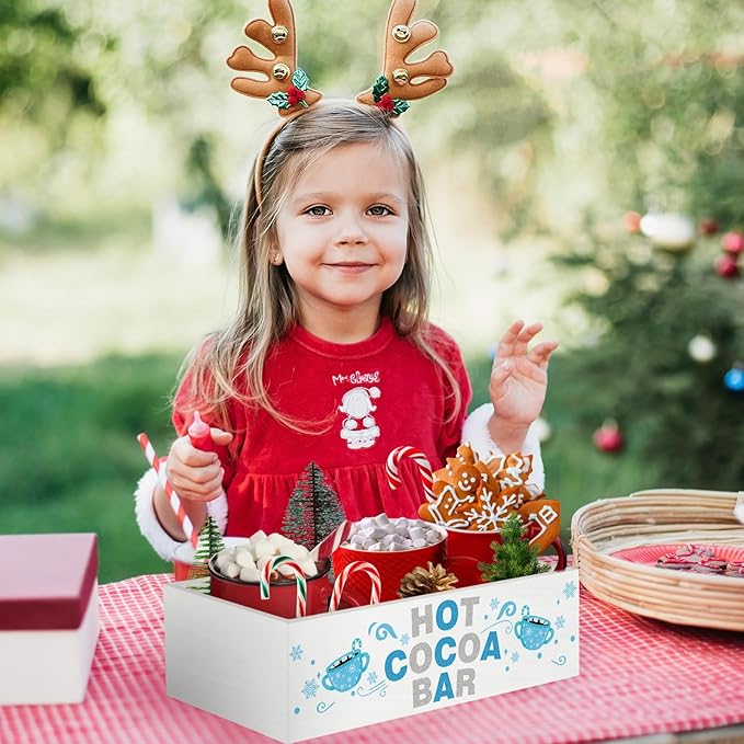 YLOLUL Christmas Hot Cocoa Bar Decor Box Wood Storage Bin Xmas Blue Bar Holder Hot Cocoa Decorative Christmas Cute Wood Storage Bins for Home Kitchen Office Farmhouse Gift