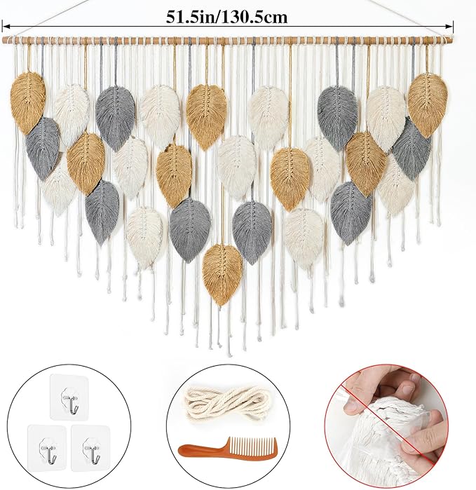 KHOYIME Large Macrame Wall Hanging Boho Woven Tapestry, Chic Modern Home Decor Bohemian Farmhouse Handmade Leaf Feather Wall Art Decorations for Living Room Bedroom Nursery Dorm Backdrop 51.5"W X 33.5"L