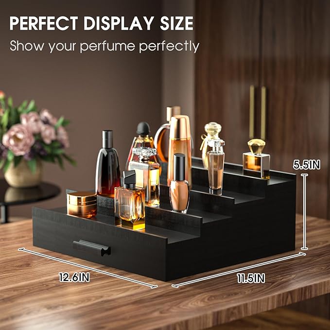 Sephyroth Cologne Organizer for Men 4 Tier of Elevated Cologne Display Shelf with Drawer Storage Perfume Organization and Storage Display Risers,Great Gift for Man(4Tier-Black)