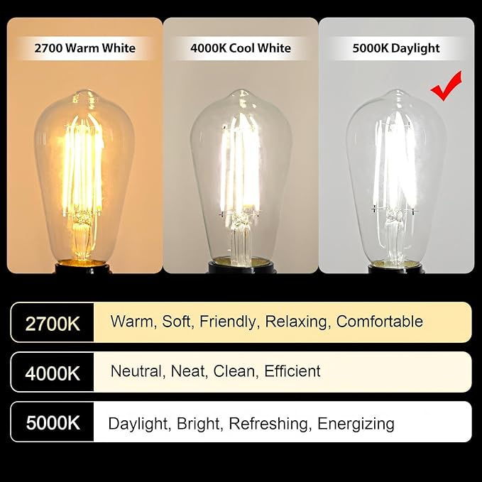 Ascher Vintage LED Edison Bulbs, 6W, Equivalent 60W, Non-Dimmable, Daylight 5000K, 700Lumens, ST58 Antique LED Filament Bulbs with 80+ CRI, E26 Medium Base, Clear Glass, Pack of 4