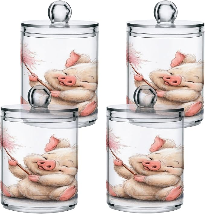 2 Pack Apothecary Jars,Cute Pig Sweet Bathroom Vanity Storage Organizer Set,Small Clear Plastic Storage Jars Bathroom Canister for Cotton Swabs,Rounds,Balls,Qtips,Makeup Sponges