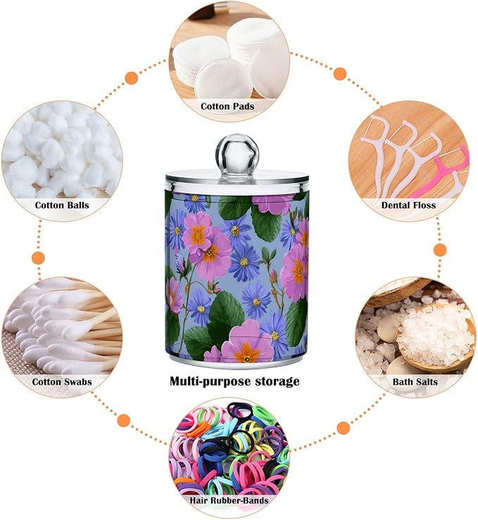 2 Pack Apothecary Jars Artistic Primrose Aster Pattern Bathroom Vanity Storage Organizer Set,Small Clear Plastic Storage Jars Bathroom Canister for Cotton Swabs, Rounds, Balls, Qtips,Makeup Spo