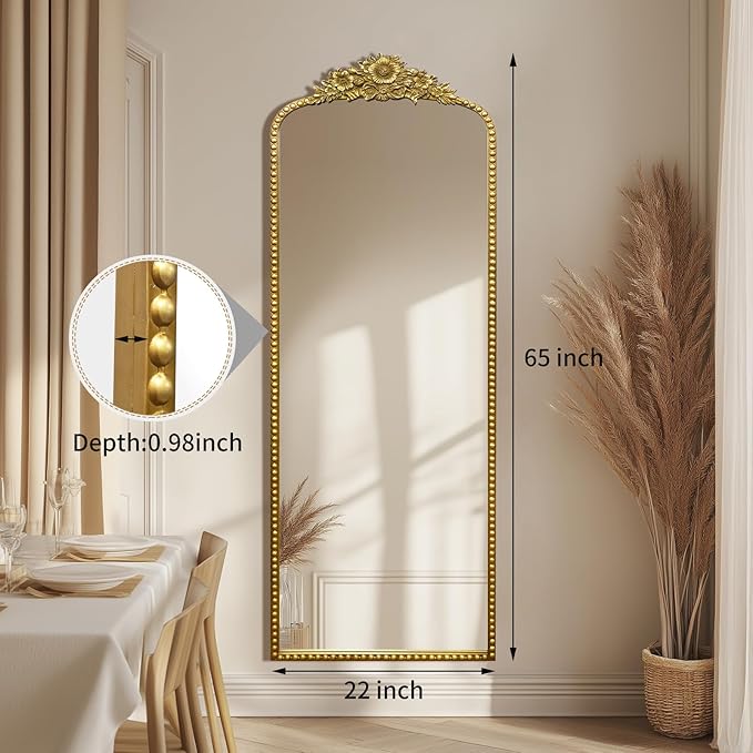 Full Length Mirror, 22x65 Baroque Style Vintage Mirror, Antique Metal Frame Wall Mirror, Traditional Art Home Decor for Living Room, Bedroom, Entryway,Retro Gold