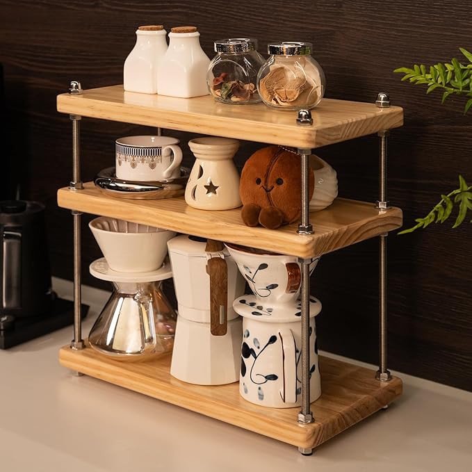 Ultra-Thick 24mm Solid Wood Coffee Station Organizer&Spice Rack for Kitchen Countertop, Corner Industrial 3-Tier Adjustable Shelf with 10mm 304 Thread Rods for Heavy Espresso Gear, Natural