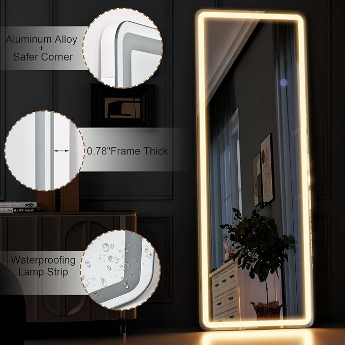 GLSLAND LED Full Length Mirror 60"x16" Floor Mirror with Stand, Wall Mounted Hanging Free Standing Full Body Mirror with Lights for Bedroom Living Room, White