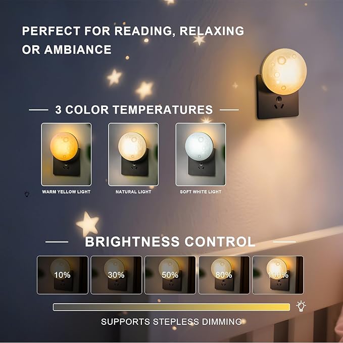 Moon Night Light Plug in Wall, Dimmable LED Lunar Lamp with 3 Color Lighting & Timer, Decorative Wall Night Light for Kids Adults Bedroom Bathroom Hallway Home Decor