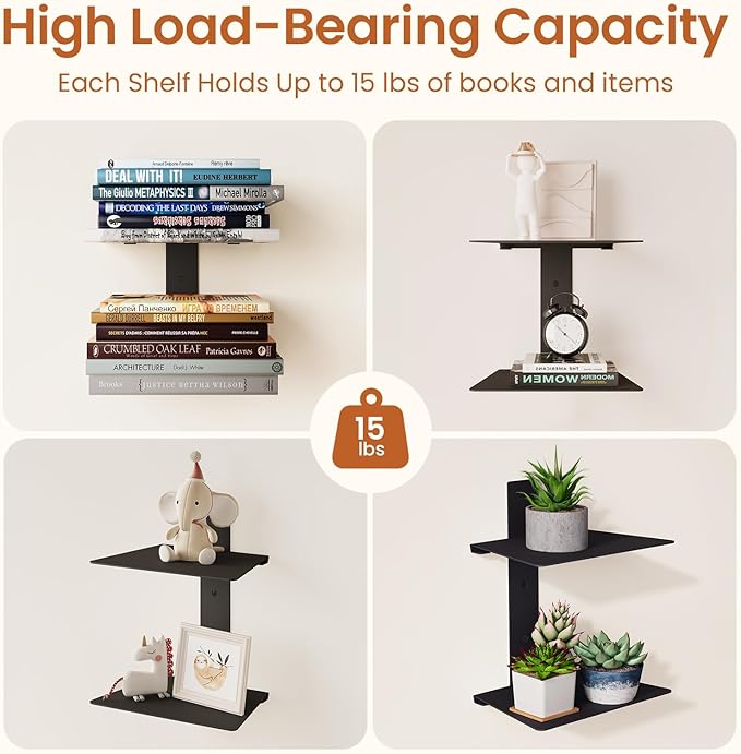 Wawocs Invisible Bookshelf for Wall, 8 Tier Floating Bookshelf Made of Heavy Duty Metal, Vertical Spine Book Tower Hanging Wall Bookshelf, Floating Book Shelves for Wall, 4 Pack Black