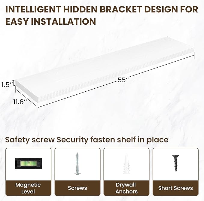 Acovy 55 Inch Floating Shelves, 12 Inch Deep Floating Shelves for Wall, Floating Shelf with Invisible Brackets, 55 Inch Wide x 12 Inch Deep Wall Shelves for Bathroom, Bedroom, Living Room,1 Pack,White