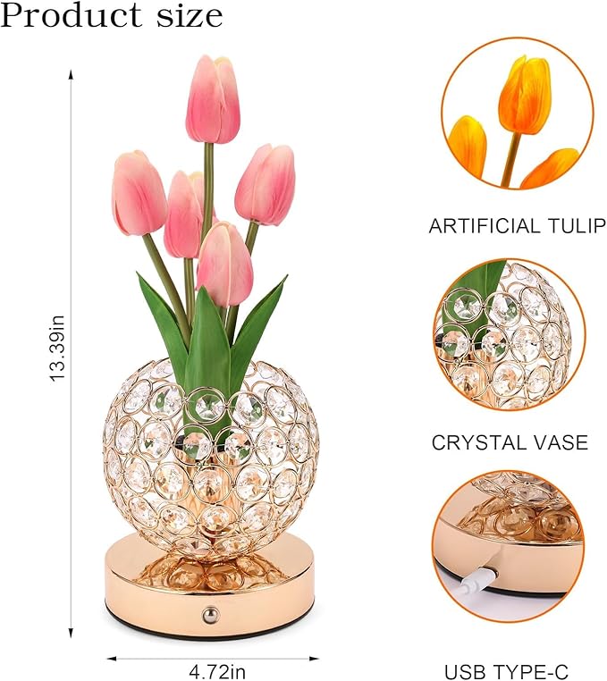 Cordless Tulip Flower Lamps, 3 Colors Touch Stepless Dimming Crystal Night Light, Rechargeable Artificial LED Flower with Vase Lamp Romantic Decor for Mothers Day,Xmas,Birthday (Pink)