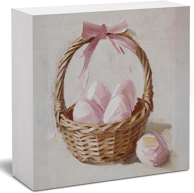Pink Bow Easter Egg Wood Box Sign Desk Decor, Pink Easter Theme Wooden Block Box Sign Decoration for Home Office Shelf Table Decor 5x5