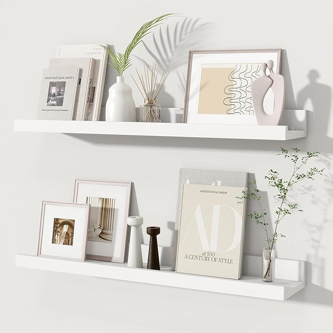 Fun Memories Picture Ledge Shelves Set of 2, 24 Inch Rustic Wall Mounted Floating Shelves with Lip for Home Storage and Décor in Bathroom, Kitchen, Nursery, Bedroom, Living Room, White