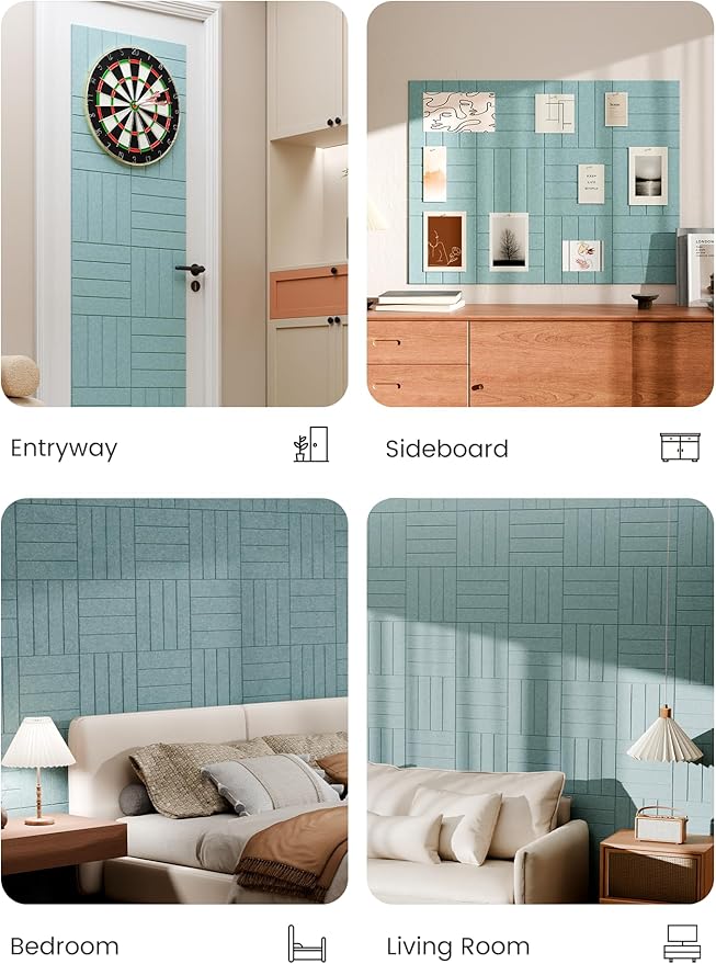 Bumusty Large Cork Board Alternative-48 x 36" Felt Bulletin Board Tiles, with 30 Pushpins, 70 Adhesive Tabs, Bold-Stripe 12-Pack, Cork Boards for Office Push Pin Board Felt Board-Aqua Blue