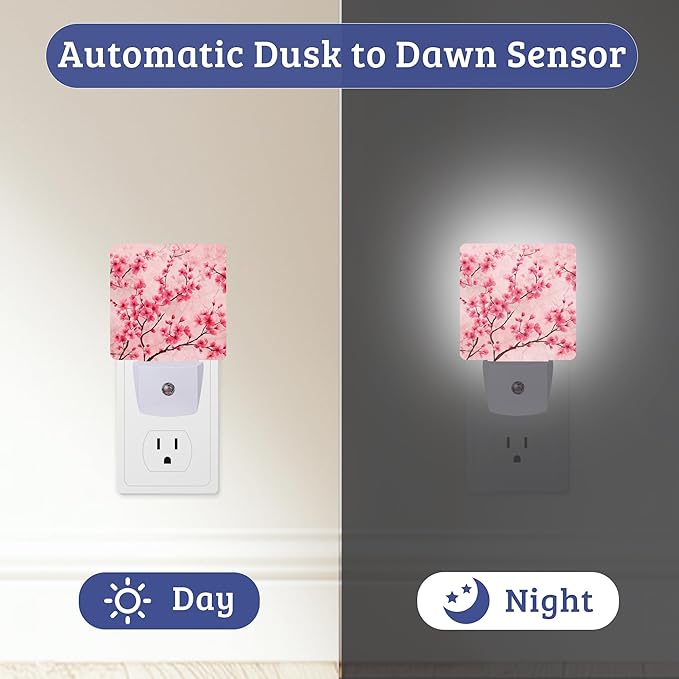 Pink Cherry Blossom Night Light with Dusk to Dawn Light Sensors, Plug-in Wall Led Night Lights, Energy Efficient Lamp for Bedroom,Bathroom,Kitchen,Hallway,Stairs, Gifts Ideal for Girls Women