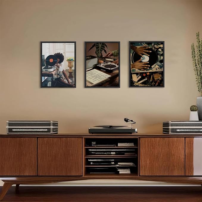 Black Girl Wall Art Decor Modern Black Woman Painting Prints, Set of 3 African American Music Record Player Poster Canvas Artwork for Bedroom Living Room 16x24 inch PS Framed