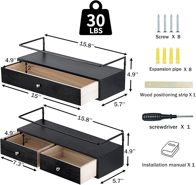 dreampossible 2-Pack Rustic Floating Shelves with Drawer, Black, 15.8 Inch Long, Wall-Mounted, Bathroom, Kitchen, Living Room Storage