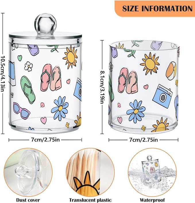 2 Pack Apothecary Jars Charming Summer Beach Art Bathroom Vanity Storage Organizer Set,Small Clear Plastic Storage Jars Bathroom Canister for Cotton Swabs, Rounds, Balls, Qtips,Makeup Sponges,