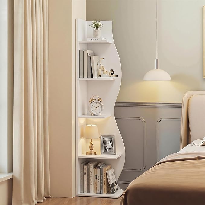 VECELO Wavy Corner Shelf, Decorative 5-Tier Storage Bookshelf, 70.1” Tall Freestanding Display Bookcase for Small Spaces, Living Room or Bedroom, White