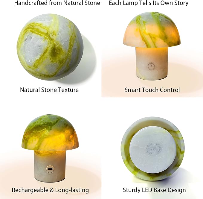 Arctic Green Gemstone Mushroom Lamp - Natural Luxury Stone Night Light with LED, Touch Control 3 Brightness, USB Rechargeable Bedside Decor Gift