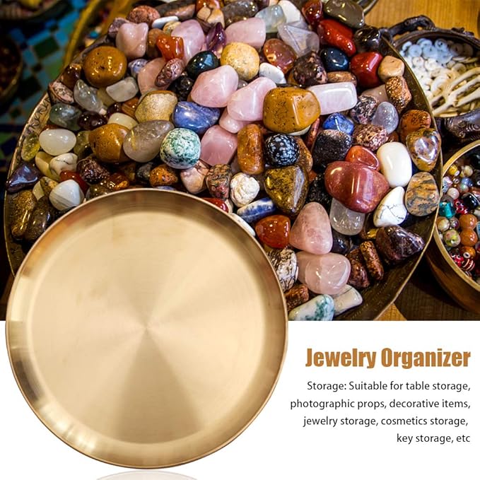 Round Brass Tray,Retro Plate Table Decor Easy Clean Stainless Steel Jewelry Organizer Round Tray for Modern Home,Jewelry, Makeup(Size:23cm)