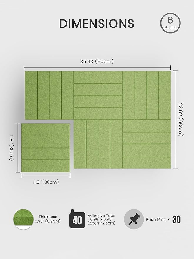 Bumusty Large Cork Board Alternative-36 x 24" Felt Bulletin Board Tiles, with 30 Pushpins, 40 Adhesive Tabs, Bold-Stripe 6-Pack, Cork Boards for Office Push Pin Board Felt Board-Kelly Green