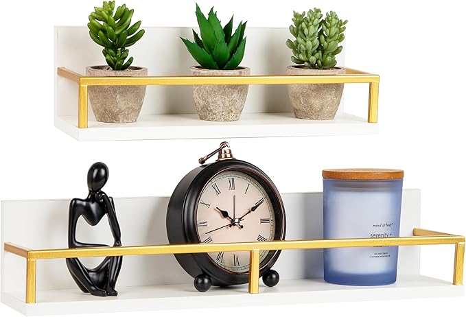 Mind Reader Floating Shelves, Wall-Mounted Office Organizers, Modern MDF Display Storage with Metal Rail, Set of 2, White