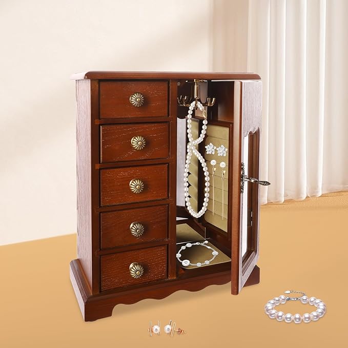 Wooden Jewelry Box, Jewelry Organizer With 5 Drawers Built-in Necklace Carousel and Mirror for Necklaces, Earring, Rings (Dark Wood Color)