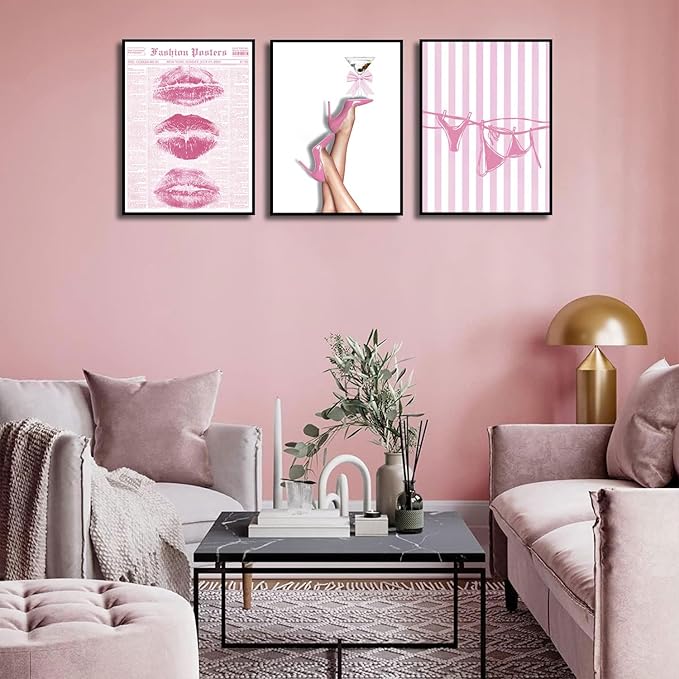 3Pcs Trendy Coquette Wall Art Pink Lips Bikini & Bow Heels Wall Decor Pictures Vintage Martini Newspapaer Canvas Posters Prints for Y2K Girly Room Dorm Apartment Preppy Aesthetic Decor 12x16in