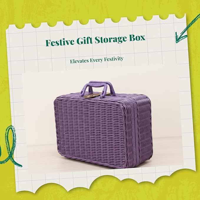 Woven Suitcase Imitation Rattan Storage Basket Gift Box Rustic Picnic Suitcase Handwoven Storage Case for Travelling Bathroom, Violet L