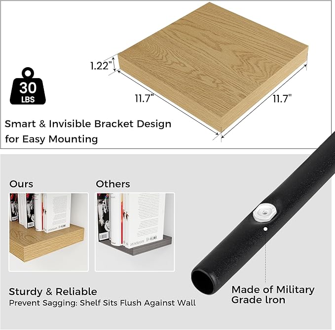 Square Floating Shelves for Wall 12"W x 12"D x 1.2"H, Small Engineered Wood Wall Shelves with Invisible Brackets for Living Room Bedroom Bathroom Office Kitchen Storage Decor, Oak Finish, Set of 3