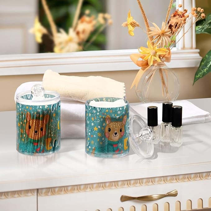 2 Pack Apothecary Jars Festive Deer Snowflake Print Bathroom Vanity Storage Organizer Set,Small Clear Plastic Storage Jars Bathroom Canister for Cotton Swabs, Rounds, Balls, Qtips,Makeup Sponge