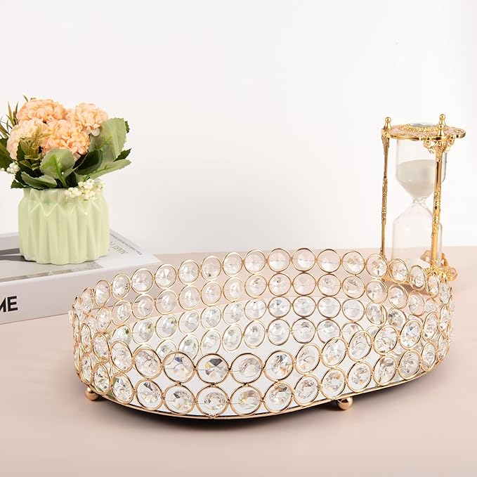 Feyarl Crystal Perfume Tray Vanity Makeup Organizer Ornate Jewelry Trinket Cosmetic Tools Decorative Skin Care Storage for Home Deco Dresser Bathroom Countertop (Oval 12" x 9") (Gold)