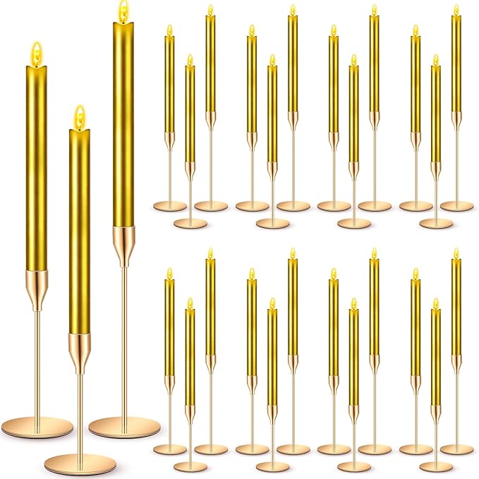 FillTouch 30 Pcs Gold Candlestick Holders with Flameless LED Candles Bulk Includes 15 Metal Candle Holders and 15 Battery Operated Gold Candles for Wedding Table Centerpieces Home Decor